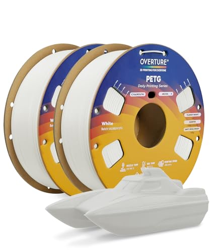 OVERTURE 2KG Bundle PETG 3D Printer Filament 1.75mm, Neatly Wound Durable PETG 2 Pack 1kg(2.2lbs), Strong Toughness Filament, Dimensional Accuracy +/- 0.02mm, Fit Most FDM Printers (White (2-Pack))