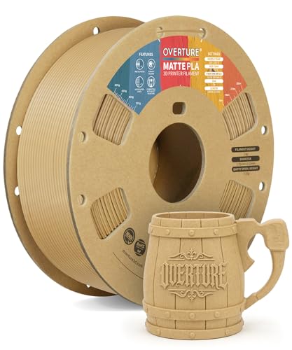 OVERTURE Matte PLA 3D Printer Filament 1.75mm, Matt Surface & Low Warping Filament 1kg Spool (2.2 lbs), Accuracy +/- 0.02 mm, Fit Most FDM Printers (Matte Wood)