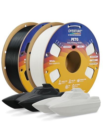 OVERTURE 2KG Bundle PETG 3D Printer Filament 1.75mm, Neatly Wound Durable PETG 2 Pack 1kg(2.2lbs), Strong Toughness Filament, Dimensional Accuracy +/- 0.02mm, Fit Most FDM Printers (Black + White)