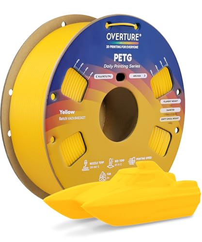 OVERTURE PETG 3D Printer Filament 1.75mm, Neatly Wound Durable PETG 1kg Spool (2.2lbs), Strong Toughness Filament, Dimensional Accuracy +/- 0.02mm, Fit Most FDM Printers (Yellow)