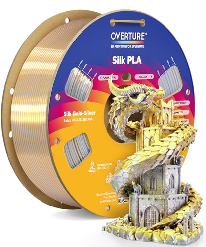 OVERTURE Silk PLA Dual Color Filament 1.75mm, Bi-Color Shiny PLA Finish, Smooth & Glossy, 1kg Spool (2.2lbs), Ideal for Cosplay Jewelry & Home Decor (Silk Gold-Silver)