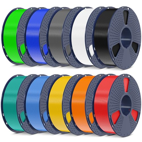 SUNLU 3D Printer Filament Bundle, PLA Plus Filament 10KG 1.75mm, Neatly Wound Filament for Most 3D Printer, 10 Colors, 1kg Spool, Black+White+Grey+Green+Blue+Grassgreen+Bluegrey+Pureyellow+Red+Orange