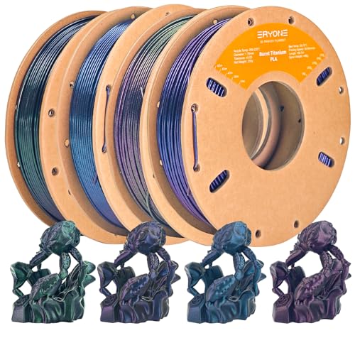 ERYONE Glitter PLA Filament Bundle, 1.75mm +/-0.03, Burnt Titanium PLA 3D Printer Filament 0.25kg/Spools, 4 Packs(2.2lbs), Purple Blue, Red, Green, Blue