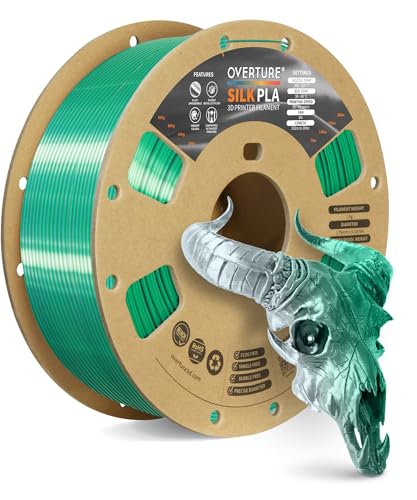 OVERTURE Silk PLA Dual Color Filament 1.75mm, Bi-Color Shiny PLA Finish, Smooth & Glossy, 1kg Spool (2.2lbs), Ideal for Cosplay Jewelry & Home Decor (Silk Green-Silver)