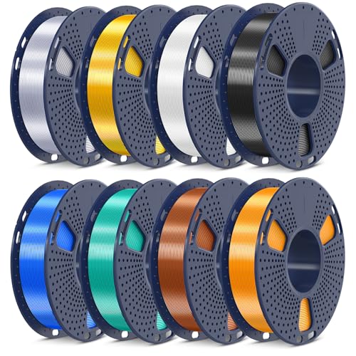 SUNLU 3D Printer Filament Bundle, PLA+ Silk Filament Multicolor 1.75mm, Individually Vacuum Packed, 250G Spool, 8 Rolls, 2kg in Total, Black+White+Light Gold+Silver+Brass+Red Copper+Blue+Green