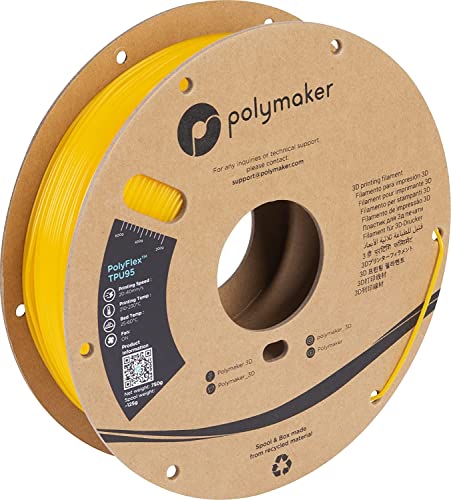 Polymaker TPU Filament 2.85mm Yellow, 0.75kg Shore 95A Flexible 3D Printer Filament 2.85mm - PolyFlex TPU95 3D Printing TPU Filament 0.75kg Yellow Soft Flexible Filament