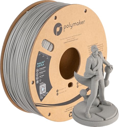 Polymaker Light Weight PLA Filament 1.75mm Grey 0.8kg, PolyLite 3D Printer PLA Filament Grey Low Density, Print with Most 3D Printers
