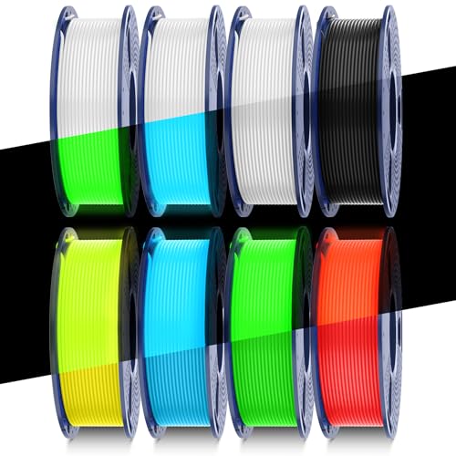 SUNLU Glow in Dark PLA Bundle, Neatly Wound Luminous PLA 3D Printer Filament 1.75mm, Dimensional Accuracy +/- 0.02mm, 250g Spool 8 Packs. (Black White with 6 Spools of Glowing Blue/Green/Red/Yellow)