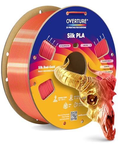 OVERTURE Silk PLA Dual Color Filament 1.75mm, Bi-Color Shiny PLA Finish, Smooth & Glossy, 1kg Spool (2.2lbs), Ideal for Cosplay Jewelry & Home Decor (Silk Red-Gold)