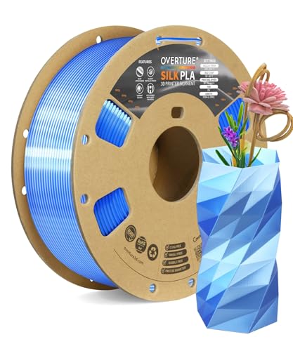 OVERTURE Silk PLA Dual Color Filament 1.75mm, Bi-Color Shiny PLA Finish, Smooth & Glossy, 1kg Spool (2.2lbs), Ideal for Cosplay Jewelry & Home Decor (Silk Blue-Silver)