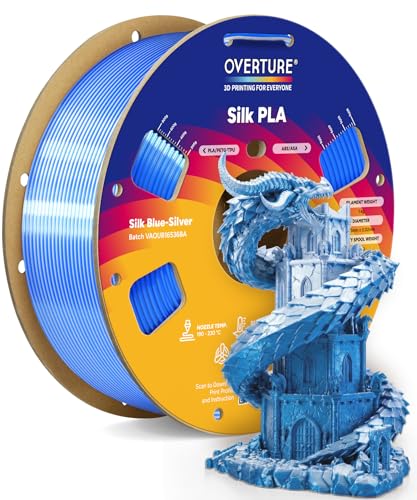 OVERTURE Silk PLA Dual Color Filament 1.75mm, Bi-Color Shiny PLA Finish, Smooth & Glossy, 1kg Spool (2.2lbs), Ideal for Cosplay Jewelry & Home Decor (Silk Blue-Silver)