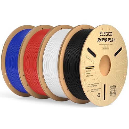 ELEGOO Rapid PLA Plus Filament 1.75mm Bundle 4KG, PLA+ 3D Printer Filament for Fast Printing, Dimensional Accuracy +/- 0.02 mm, 4 Pack 1kg Cardboard Spool(2.2lbs) Black/White/Blue/Red