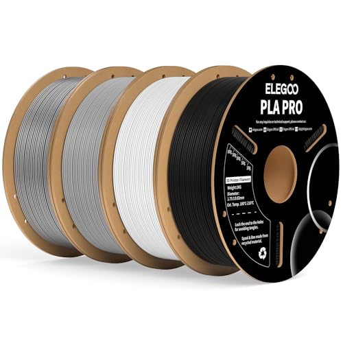 ELEGOO PLA PRO Filament 1.75mm Bundle 4KG, 30-250mm/s Printing Speed Improved Rigidity 3D Printer Filament Dimensional Accuracy +/- 0.02mm, 4pcs 1kg Spool(Black, White, Gray, Silver)