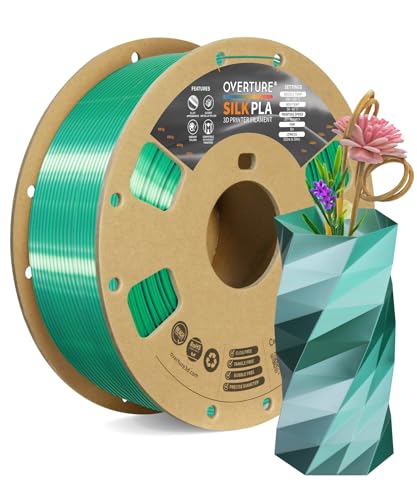 OVERTURE Silk PLA Dual Color Filament 1.75mm, Bi-Color Shiny PLA Finish, Smooth & Glossy, 1kg Spool (2.2lbs), Ideal for Cosplay Jewelry & Home Decor (Silk Green-Silver)