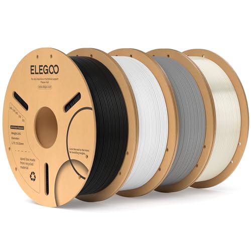 ELEGOO PLA Filament 1.75mm Bundle 4KG, 3D Printer Filament Bulk Dimensional Accuracy +/- 0.02mm, 4 Pack 1kg Cardboard Spool(2.2lbs) Fits for Most FDM 3D Printers(Black, White, Gray, Clear)