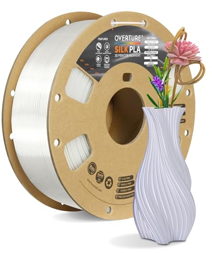 OVERTURE Silk PLA Filament 1.75mm, Clog-Free Shiny, Metallic Shine 3D Printer Filament, 1kg Spool (2.2lbs), Ideal for Cosplay Jewelry & Home Decor (Silk White)