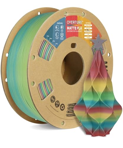 OVERTURE Matte PLA 3D Printer Filament 1.75mm, Matt Surface & Low Warping Filament 1kg Spool (2.2 lbs), Accuracy +/- 0.02 mm, Fit Most FDM Printers (Matte Rainbow)