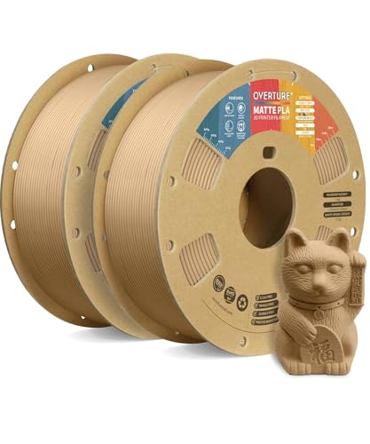 OVERTURE 2KG Bundle Matte PLA 3D Printer Filament 1.75mm, Matt Surface & Low Warping Filament 2 Pack 1kg Spool (2.2 lbs), Fit Most FDM Printers (Matte Light Brown 2-Pack)