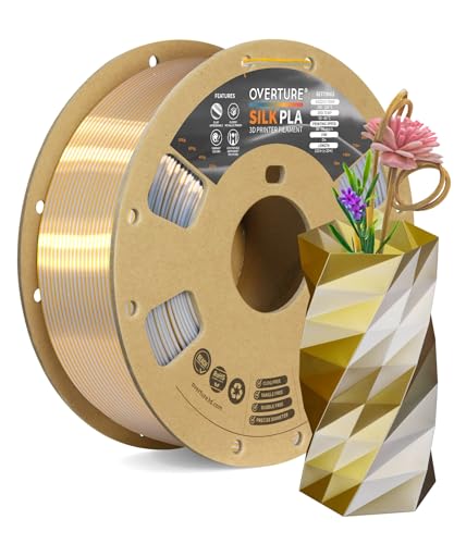 OVERTURE Silk PLA Dual Color Filament 1.75mm, Bi-Color Shiny PLA Finish, Smooth & Glossy, 1kg Spool (2.2lbs), Ideal for Cosplay Jewelry & Home Decor (Silk Gold-Silver)