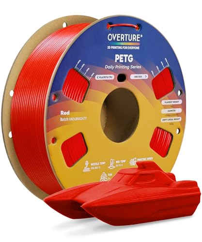 OVERTURE PETG 3D Printer Filament 1.75mm, Neatly Wound Durable PETG 1kg Spool (2.2lbs), Strong Toughness Filament, Dimensional Accuracy +/- 0.02mm, Fit Most FDM Printers (Red)