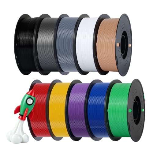 Kingroon PETG 3D Printer Filament, 10 Rolls, Dimensional Accuracy +/- 0.03 mm, 10kg Spool(22lbs), 1.75 mm,Black White Grey Red Blue Green Purple Skin Silver Yellow