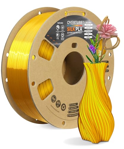 OVERTURE Silk Filament PLA 1.75mm Clog-Free Shiny 3D Printer Filament, 1kg Spool (2.2lbs), Dimensional Accuracy +/- 0.02 mm, Fit Most FDM Printer(Silk Gold)