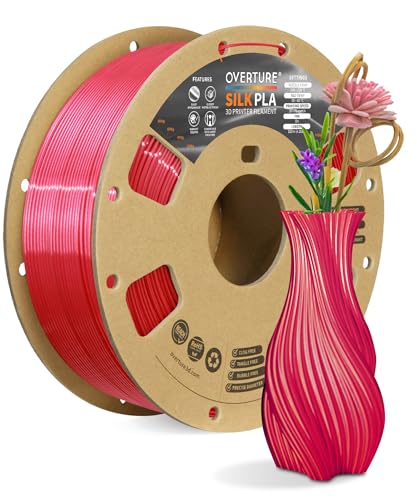 OVERTURE Silk PLA Filament 1.75mm, Clog-Free Shiny, Metallic Shine 3D Printer Filament, 1kg Spool (2.2lbs), Ideal for Cosplay Jewelry & Home Decor (Silk Red)
