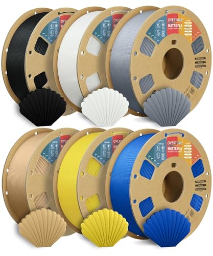 OVERTURE 6KG Bundle Matte PLA 3D Printer Filament 1.75mm, Matt Surface & Low Warping Filament 6 Pack 1kg Spool (2.2 lbs), Fit Most FDM Printers (6 Color (6-Pack))