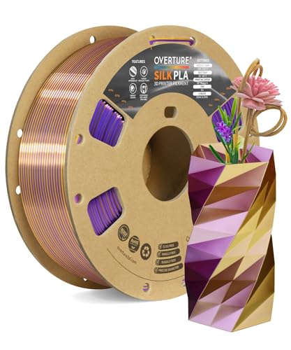 OVERTURE Silk PLA Dual Color Filament 1.75mm, Bi-Color Shiny PLA Finish, Smooth & Glossy, 1kg Spool (2.2lbs), Ideal for Cosplay Jewelry & Home Decor (Silk Purple-Gold)
