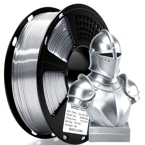 Geeetech Silk PLA Filament 1.75mm for 3D Printer, Metal-Like Shiny 3D Filament 1kg (2.2lbs) 1 Spool, Dimensional Accuracy +/- 0.02 mm, Metallic Silver Silk Filament