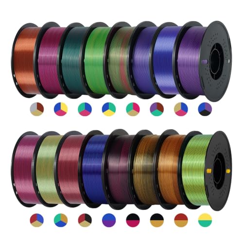 Kingroon 16KG Silk PLA Filament Bundle 1.75mm, Dual and Tri Color 3D Printer Multicolor Filament, 16x1 kg Spools, High Precision +/- 0.02mm, No Clogging Shiny 3D Printing Filament for FDM Printers