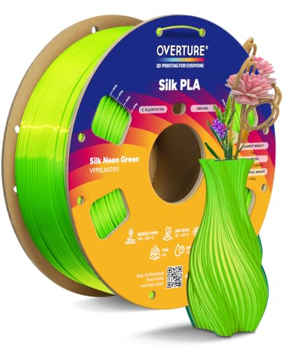 OVERTURE Silk PLA Filament 1.75mm, Metallic Shine, 1kg Silk Neon Gree