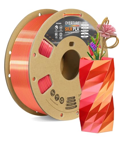 OVERTURE Silk PLA Dual Color Filament 1.75mm, Bi-Color Shiny PLA Finish, Smooth & Glossy, 1kg Spool (2.2lbs), Ideal for Cosplay Jewelry & Home Decor (Silk Red-Gold)