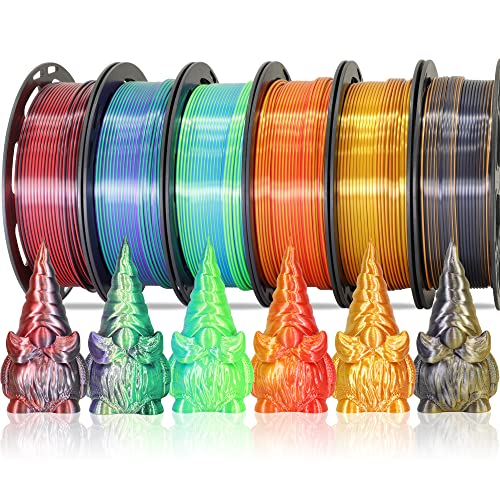 MIKA3D 6 Spools Bicolor Dual Color 1.75mm 3D Printer Filament Bundle, 3D Printing Silk PLA, Silk Red-Gold/Red-Black/Black-Orange/Gold-Copper/Lime Green-Blue/Green-Purple, 3D Silk PLA 250g X 6 Spools