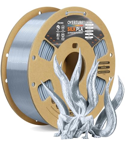 OVERTURE Silk PLA Filament 1.75mm, Clog-Free Shiny, Metallic Shine 3D Printer Filament, 1kg Spool (2.2lbs), Ideal for Cosplay Jewelry & Home Decor (Silk Silver)