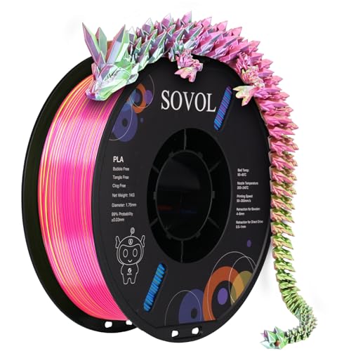 Sovol PLA Filament Silk Tri Color Co-Extrusion 1.75mm, 3D Printer Filament 1kg/ 2.2lbs, Shiny Silk Rose Blue Yellow 3 in 1 Coextrusion PLA Material +/-0.03mm